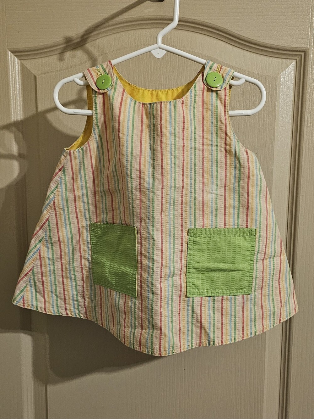 12-18m Rainbow Striped Scoop Neck Shoulder Button Sleeveless Dress W Pockets